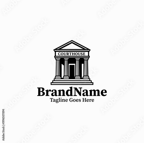 A courthouse building with columns is illustrated as an institutional law logo design monochrome formal
