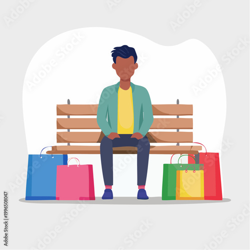 Man Sitting on Bench with Shopping Bags