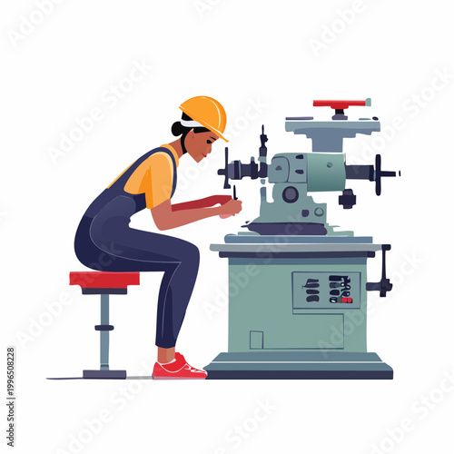 Female worker operating a lathe machine in a factory