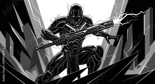 Futuristic warrior in dynamic pose with weapon amidst geometric background