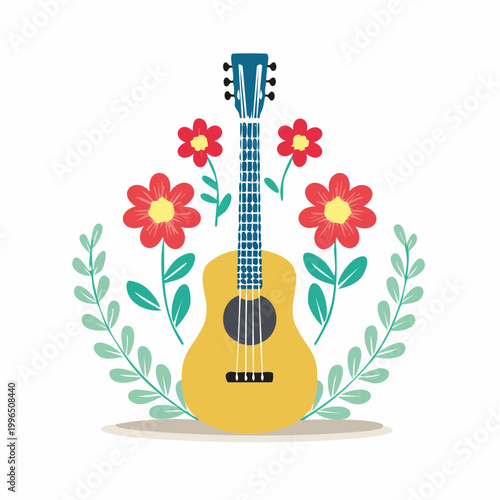 Ukulele Surrounded by Flowers and Leaves