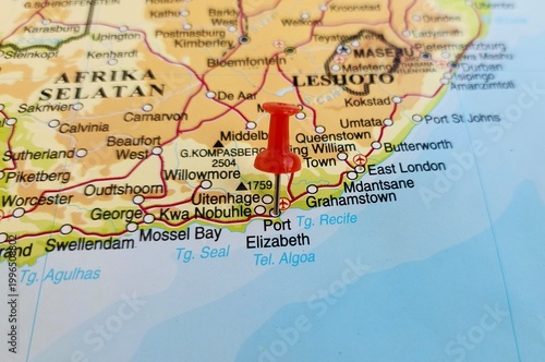 View of Gqeberha, also known as Port Elizabeth, is a major seaport and the most populous city in the Eastern Cape province of South Africa, on a geographical map of Africa, marked with red push pin
