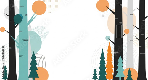 Abstract forest with trees and circular shapes in autumn colors.