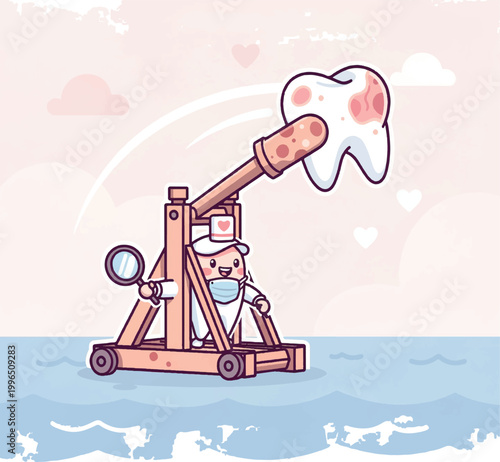 Cartoon Dentist Launches Tooth with Catapult.