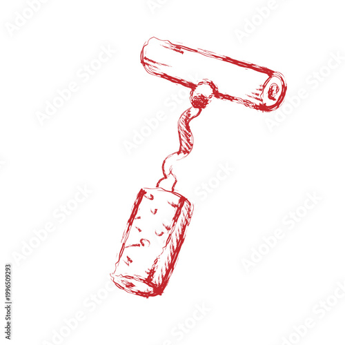 Wine Bottle Opening Cork Hand Drawn Sketch Red Line Illustration