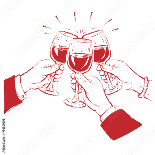 People Toasting Wine Glasses Hand Drawn Red Sketch Illustration