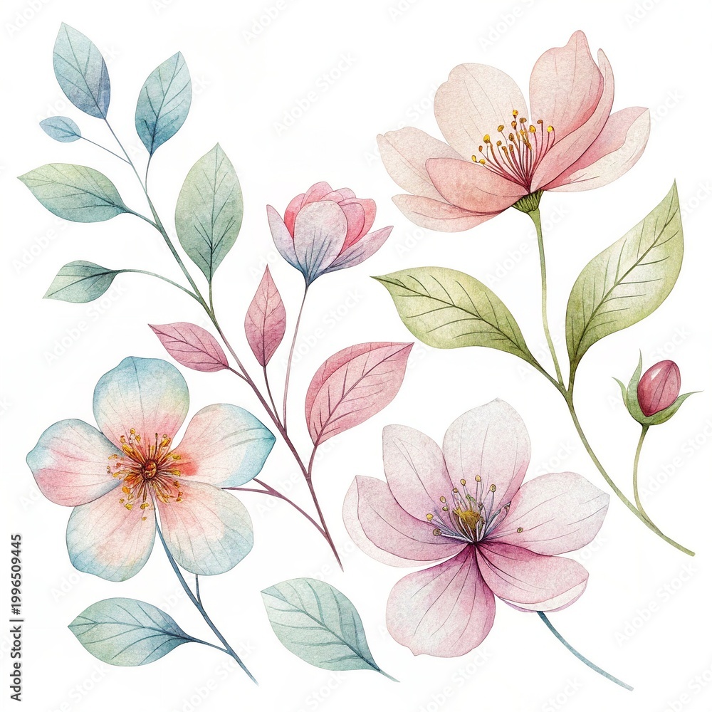 Fototapeta premium Watercolor floral clipart set isolated pastel flowers design elements