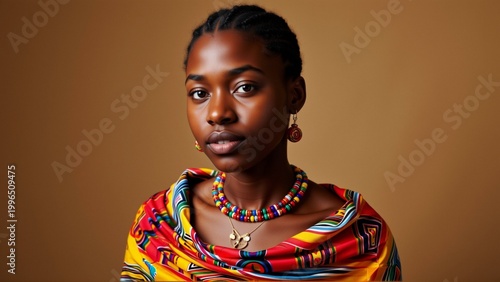 portrait young african woman she wearing colorful dress geometric pattern shades red orange yellow green dress has high neckline long sleeves woman also wearing statement necklace colorful beads gold