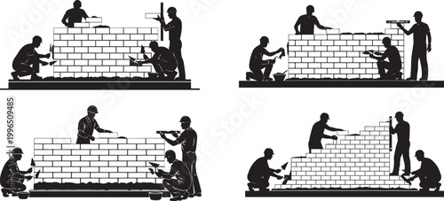 A group of construction workers building a brick wall together in a collaborative effort vector silhouette