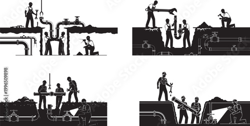 Workers in silhouette constructing and repairing infrastructure at various sites vector silhouette
