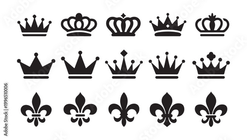 Group of ornate royal crowns and fleur de lis emblems isolated on checkered background.