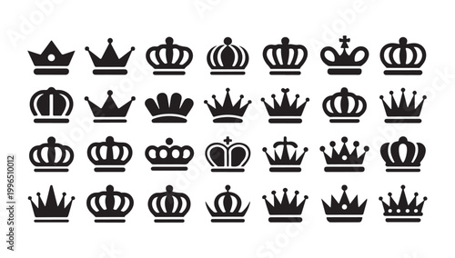 Assortment of diverse royal crowns and fleur de lis symbols against checkered backdrop.