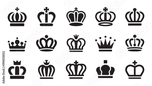 Assortment of various royal crowns and fleur de lis symbols on checkered background.