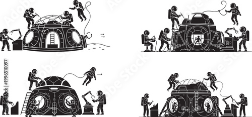 A group of people working together to build a structure with a unique design vector silhouette