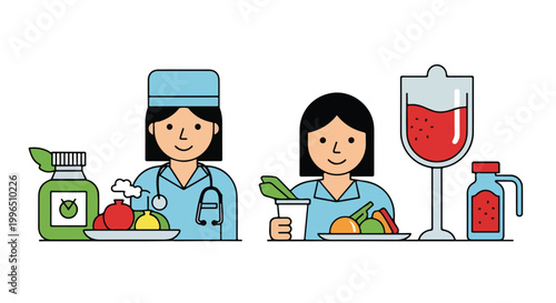 A vector illustration depicts a healthcare professional and a woman promoting healthy eating through a variety of fresh fruits and nutritious drinks.