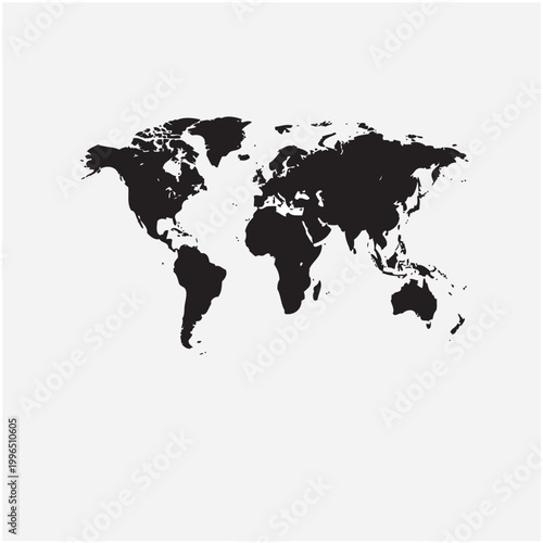Minimalist black world map vector graphic illustration showing all major continents on a clean white background for modern global business projects and international communications design work that ne