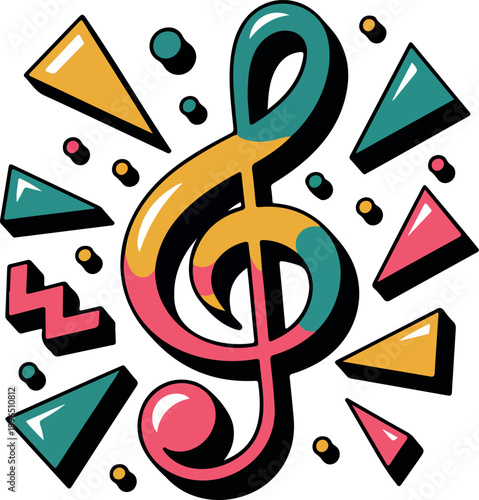 Obraz na plátne Colorful musical treble clef icon with geometric shapes in nineties retro style vector illustration for graphic art