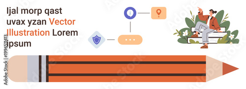Education, creativity, workflow design, digital tools, knowledge sharing, productivity. Large pencil, icons of flowchart and shield person relaxing. Creativity and workflow design concept