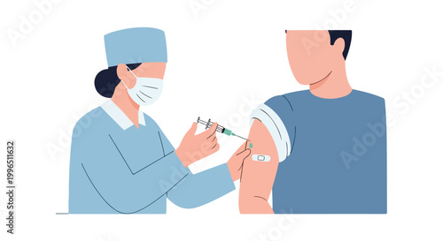 A healthcare worker in scrubs and a mask administers a vaccine into the upper arm of a male patient in a clean, minimalist vector illustration.