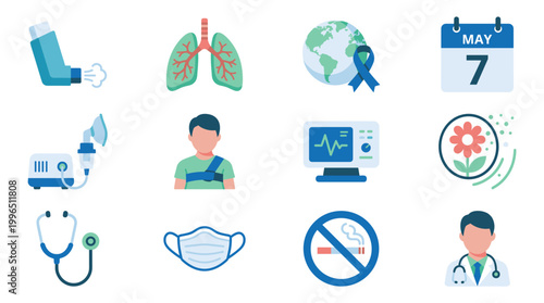 World Asthma Day vector flat icon set including inhaler, lungs, May 7 calendar, nebulizer, doctor, stethoscope, face mask, no smoking sign, and allergy symbols for healthcare.