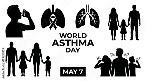 World Asthma Day vector black silhouette icon set with patient using inhaler, healthy lungs, awareness ribbon, family, coughing people, and May 7 text for respiratory care.