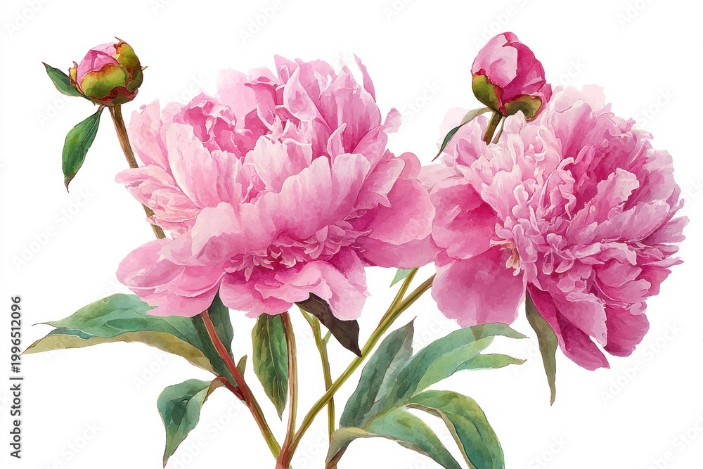 Obraz premium Pink peony flowers with green leaves and buds on white background, close up of blooming garden plants with delicate petals and natural floral beauty in spring season.