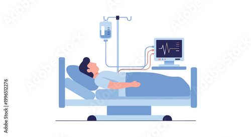 A male patient lies in a hospital bed connected to an intravenous drip and a heart monitor, illustrating professional intensive medical care.