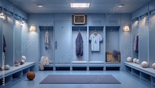 A clean, blue locker room with sports gear and uniforms