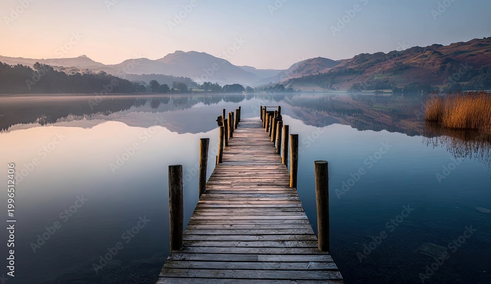 Fototapeta premium Serene wooden pier extending onto still lake with misty mountains at sunrise