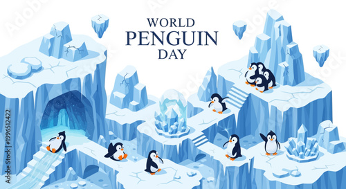 A cheerful World Penguin Day illustration showcases a cute penguin family interacting within an icy Antarctic landscape, rendered in a bright vector style with detailed ice formations