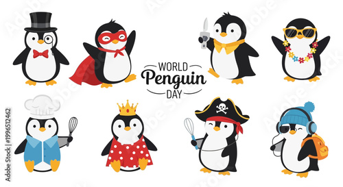 A vector illustration showcases eight cute penguin cartoon characters dressed in various costumes for World Penguin Day, set against a clean white background to celebrate wildlife
