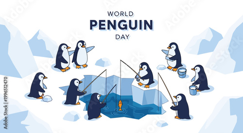 A cheerful World Penguin Day vector illustration featuring a group of penguins fishing on ice floes in the Antarctic, with a bright and playful style against a backdrop of icy terrain