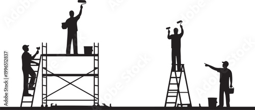 Silhouettes of construction workers painting a building with ladders and scaffolding vector silhouette