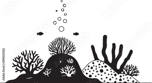 A black and white illustration of a coral reef with fish swimming above it vector silhouette