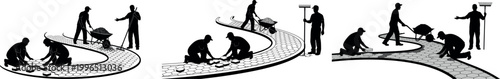 A series of illustrations depicting people engaging in various cleaning activities with brooms and mops on a curved path. vector silhouette