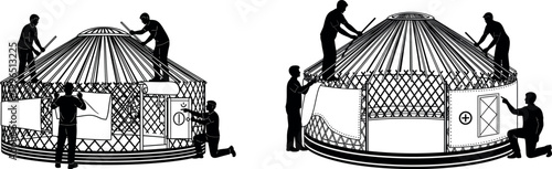 A group of people are setting up a traditional yurt in a field vector silhouette