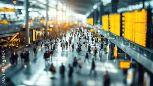 Busy airport terminal with blurred figures, bright lights, and departure boards