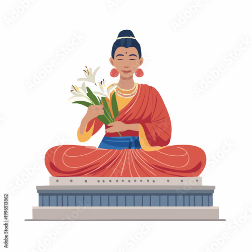 Illustration of a serene figure in meditation holding lilies