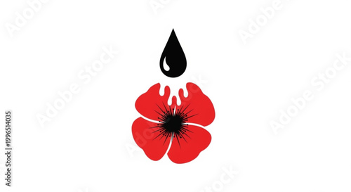 Red poppy flower icon with single black liquid drop on white background