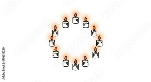 Circular arrangement of glowing memorial candles on white background