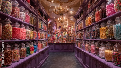 Aisles bursting with jars of colorful sweets, a whimsical candy shop
