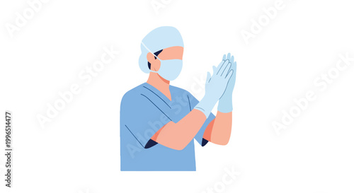 A minimalist flat vector illustration of a medical professional wearing scrubs, a face mask, and gloves, prepared for a procedure.