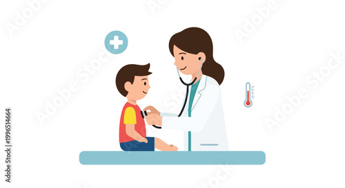 A female doctor in a white coat uses a stethoscope to examine a young boy sitting on a medical table, with health icons in the background.