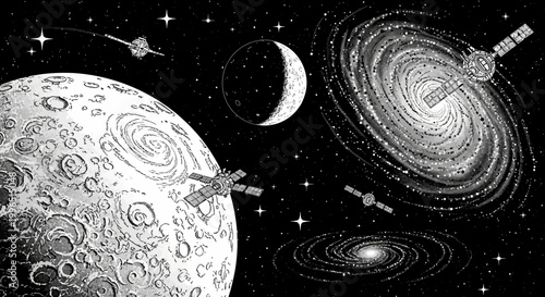 Black and white illustration of space with satellites and celestial bodies