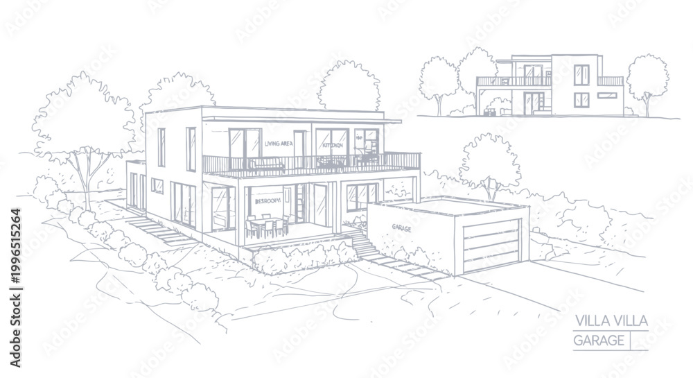 Naklejka premium Architectural blueprint sketch of a modern villa with a detached garage and garden landscaping