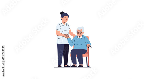 A caring nurse supports an elderly woman sitting in a chair, holding her hand in a minimalist flat vector illustration representing geriatric care.