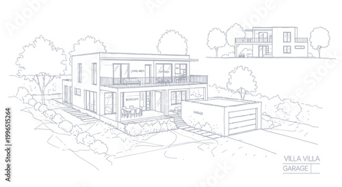 Architectural blueprint sketch of a modern villa with a detached garage and garden landscaping