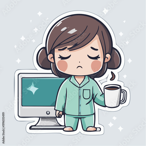 Tired Girl in Pajamas Holding Coffee Cup Next to Computer