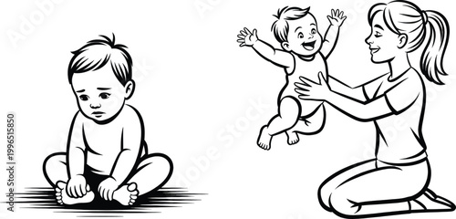 Children depicted in two separate line art drawings show a sitting infant and a mother lifting her joyful baby during a moment of daily play.