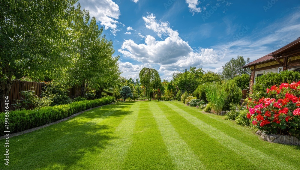Fototapeta premium Lush green lawn, manicured hedges, blooming roses, and trees under blue sky